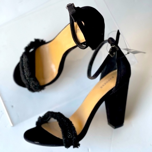 EXPRESS Womens Black Suede Platform Sandals Heels Formal Dress Rhinestone, Sz 9 - Picture 5 of 10